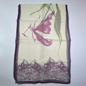 Floral Silk Blend Square Scarf Cream Purple Botanical Print